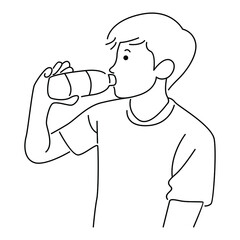 Young man is drinking water from a bottle