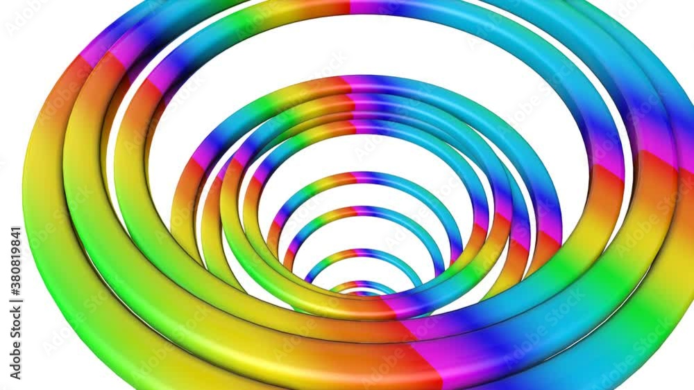 Poster three-dimensional multicolored rings slowly fly on a white background. abstract looping animated bac
