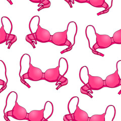 Seamless pattern of a female bra of pink color on a white background. Hand drawing. Vector illustration.