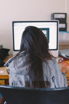 A young woman from behind looking at the computer screen.