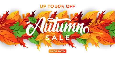 Autumn sale background vector with decorative leaves. Autumn Sale Vector background Illustration. Abstract Autumn Sale background design template for advertising, flyer, web banner, poster, brochure