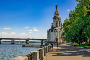 Dnipro, Ukraine - July 21, 2020: Church in Honour of John the Baptist Cathedral on Sicheslavska embankment in Dnipropetrovsk. Small modern Orthodox church, built in 2013 by Alexander Ploskonos