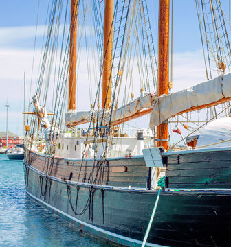 Wooden sailboat on blue sea ocean mediterranean