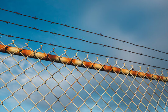 Detail of barbed wire and chain-link fence