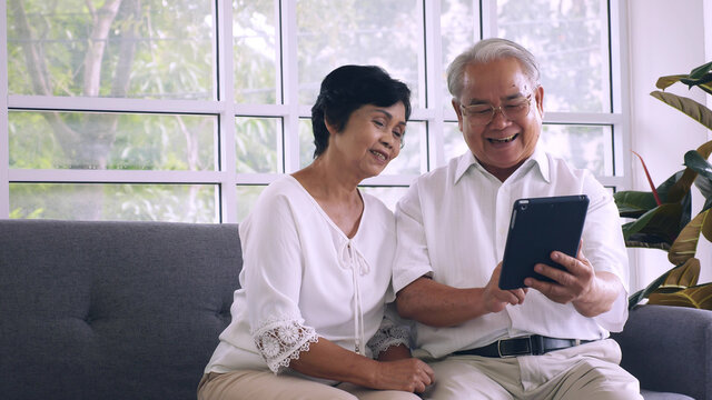 Asian elderly couple spending time together at home.