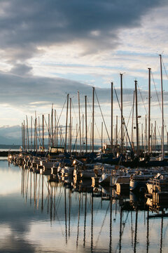Sailboats moored in calm waters at dusk, Seattle, WA