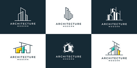 Set of building architecture with line art style logo design inspiration.