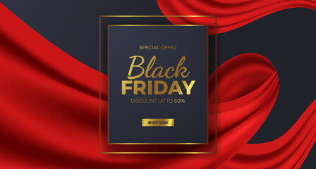 elegant luxury black friday sale banner for fashion with red curtain ribbon and golden text template