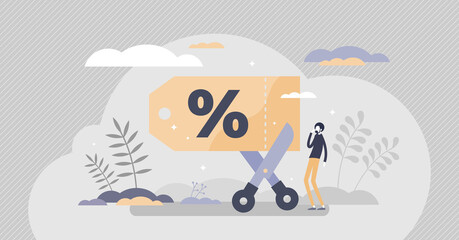 Coupon voucher with price reduction promotion and sale tiny persons concept