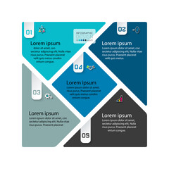 Bar labels infographic with 5 steps in square shape.