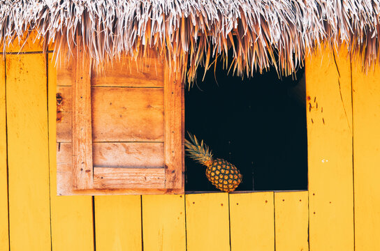 Pineapple on the windows of a simple yellow shack
