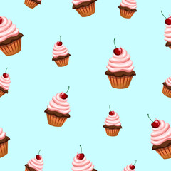 Seamless pattern with various cupcakes on a blue background. Sweet pastries are decorated with cherries.