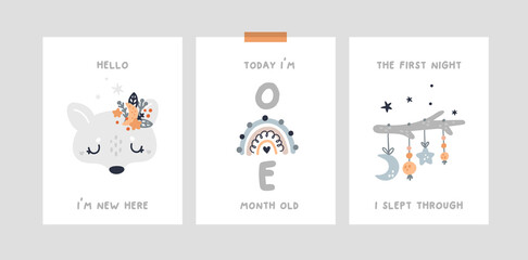 Baby month anniversary card. Baby milestone cards with cute wolf, fox character and rainbow. Baby shower print capturing all the special moments.  Nursery prints for newborn girl or boy
