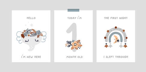 Baby milestone cards with cute baby animal character and rainbow for newborn girl or boy. Baby shower print capturing all the special moments. Baby month anniversary card. Nursery prints