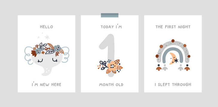 Baby milestone cards with cute baby animal character and rainbow for newborn girl or boy. Baby shower print capturing all the special moments. Baby month anniversary card. Nursery prints