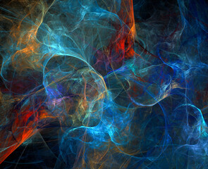 A colorful, backlit fog ripples across a dark background. Abstract fractal background. 3d rendering. 3d illustrations.