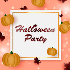 pink banner with pumpkins and lollipops, autumn leaves, blurred background, place for text with inscription - halloween party