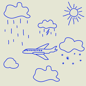 Sky sun snow doodle lightning rain snowflakes sign icon sign Hand drawn Flight of an airplane in different weather Children's style Fashion print clothes apparel greeting invitation card badge banner