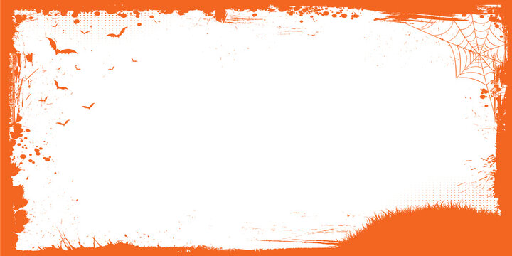 Vector Halloween banner template background with orange grunge border, spyder web