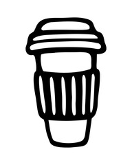 Vector hand drawn illustration of a cup of coffee to go. Outline doodle isolated on white background.