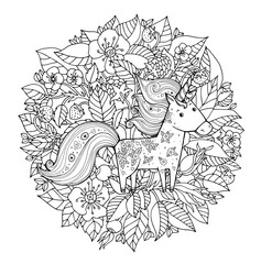Unicorn and floral border. Magical, amazing animal, rose, fruit, berry. Vector cartoon artwork. Black and white. Coloring book pages for adult and kid. Hand drawn illustration. Fairytale concept