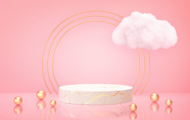 Podium, product stand with golden circles and white cloud