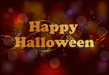 red blurred background, with bokeh, text - happy halloween, with golden lines and magic glow, vector illustration