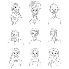 Vector Set of Outline Faces of People from India