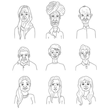 Vector Set of Outline Faces of People from India