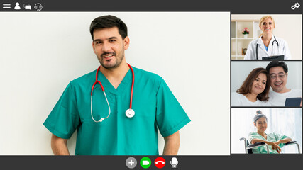 Doctor and patient talking on video call for telemedicine service . Online health care application...