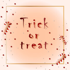 poster on pink background with  lollipops, blurred background, bokeh, bright candy beads, golden frame, text - trick or treat