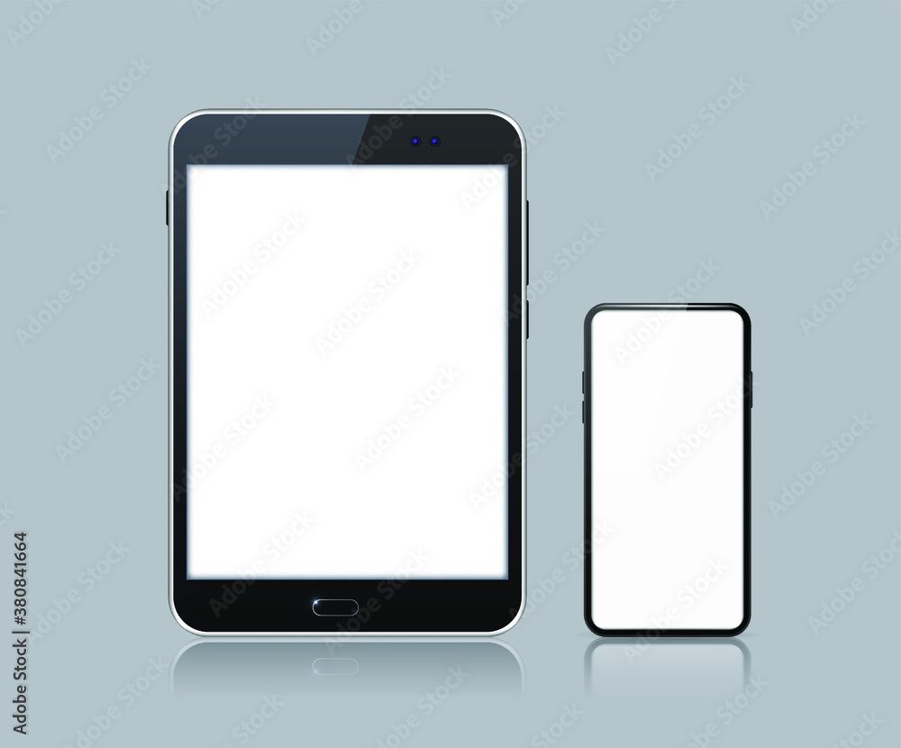Poster realistic electronic devices on white background. tablet and smartphone with empty screen . isolated