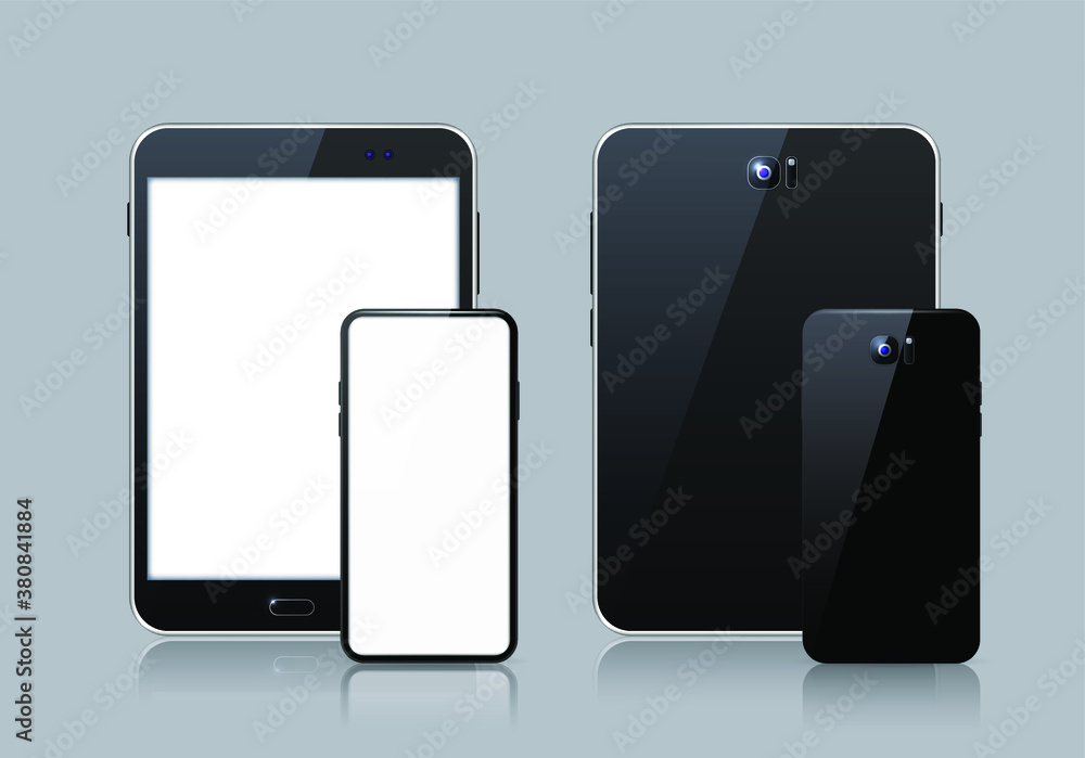 Poster realistic electronic devices on white background. tablet and smartphone with empty screen . isolated