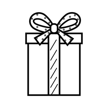 icon decorated gift with a bow with a thin line outline in black, isolated on a white background in the style of flat, clipart, logo, design, decoration