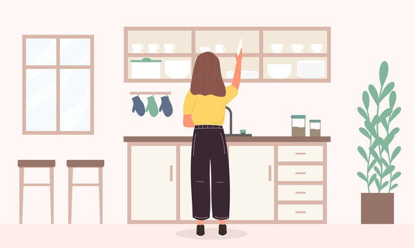Young woman washing dishes in the kitchen. Flat cartoon vector illustration