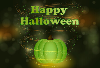 pumpkin on green background without face, blurred background with bokeh, golden lines, swirl of magic glow with sparkles, vector illustration, text - happy halloween