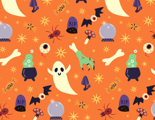 Pattern seamless halloween. Creative vector background with spider, eye,bat, ghost,magic ball,zombie hand.Design pattern