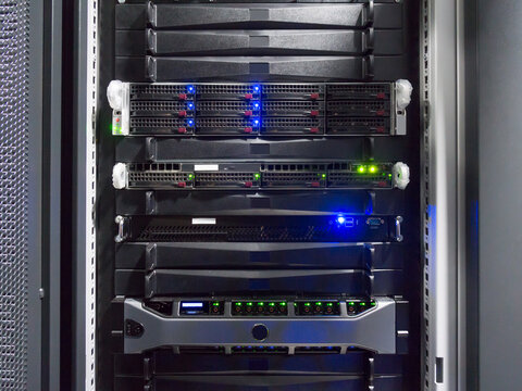 Detail of servers in a rack at a data center