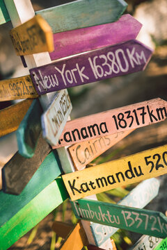 Travel destinations on crossroad sign