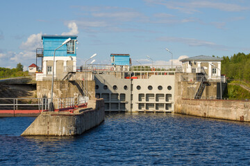 Naklejka premium Gateway of the White Sea-Baltic Canal close-up on a sunny August day. Povenets, Karelia