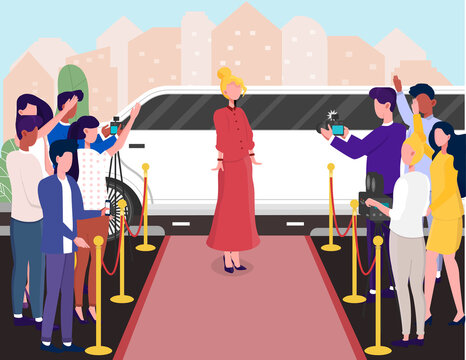 The celebrity standing near the white limousine on the red carpet, surrounded by a crowd of fans and reporters. Flat vector illustration.