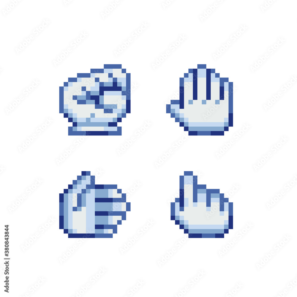 Poster hand cursor pixel art set. rock sign gesture. hand pointer. forefinger up. video game sprite. isolat