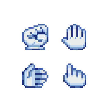 Hand cursor pixel art set. Rock sign gesture. Hand pointer. Forefinger up. Video game sprite. Isolated vector illustration. Design for stickers, logo, embroidery, mobile app.