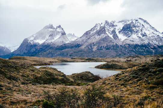 Cuernos Mountain in Torres del Paine National Park Chile on a winter day