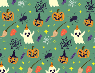 Fototapeta premium Pattern seamless halloween. Creative vector background with spider,cobweb, witch hat,broom, ghost,pumpkin.Design pattern