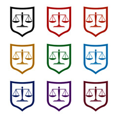 Law firm and shield Icon. Scales Of Justice design sign, color set