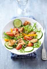 Healthy Salad with Chicken Breast, Cherry Tomatoes, Cucumber, Orange Pepper, Endive and Red Onion.	