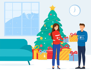Young couple guy and girl standing next to a decorated Christmas tree with gifts in their hands. Flat vector illustration