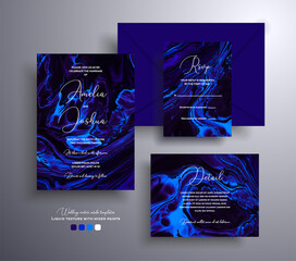 Beautiful set of wedding invitations with stone pattern. Agate vector covers with marble effect and place for text, navy blue, purple and blue colors. Designed for greeting cards, packaging and etc