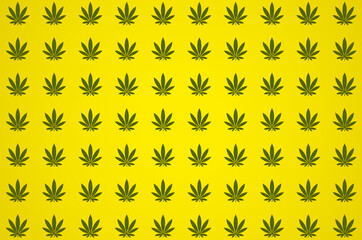 Cannabis leaves on a yellow background.Pattern.3D rendering.